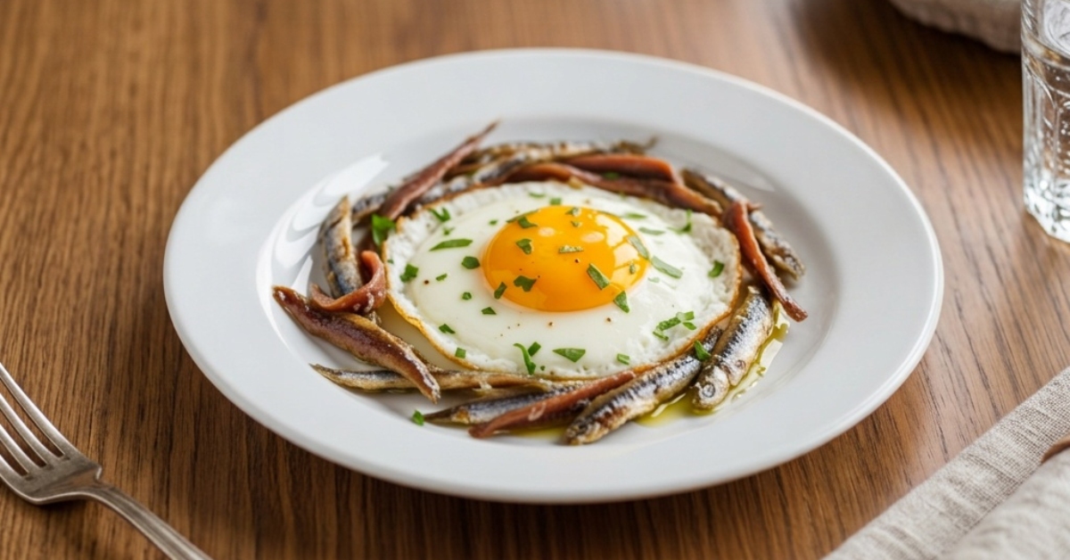 Quelques anchois et des herbes suffisent à donner une touche iodée à l'oeuf au plat.