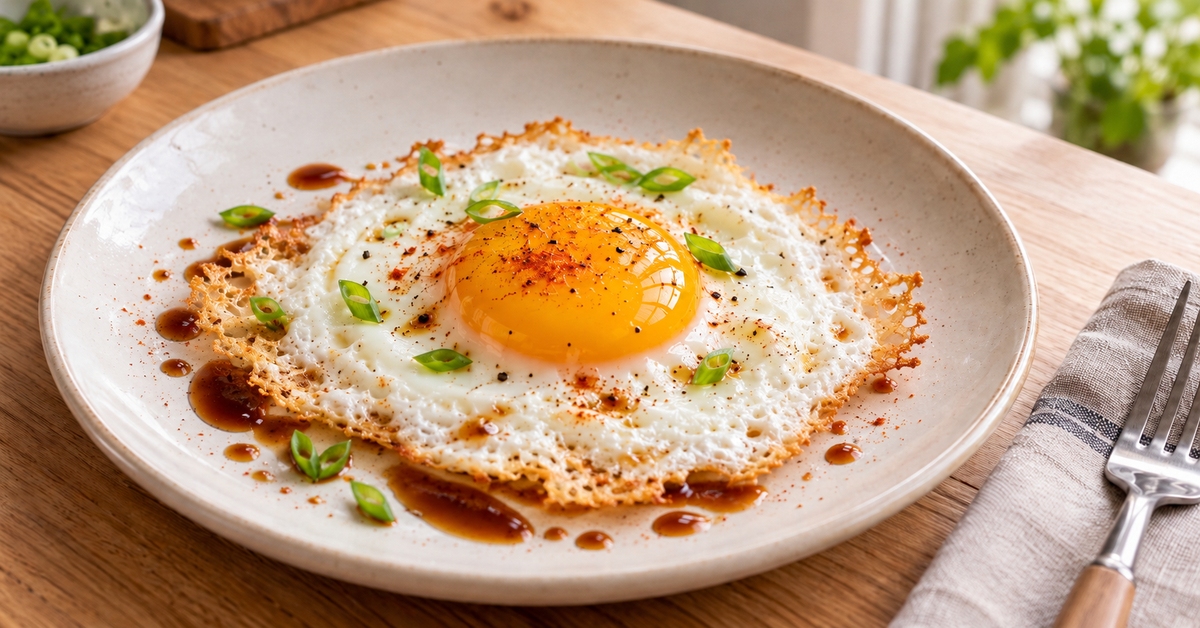 Oeuf au plat aux bords légèrement dorés, garni de ciboule et accompagné de sauce soja dans une assiette claire.