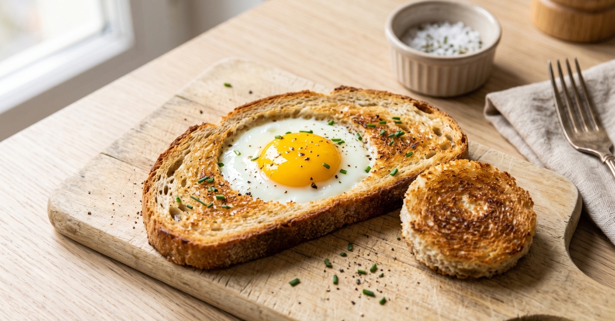 Œuf au plat cuit au centre d'une tranche de pain de campagne rassis et dorée, posé sur une planche en bois avec sa rondelle grillée.