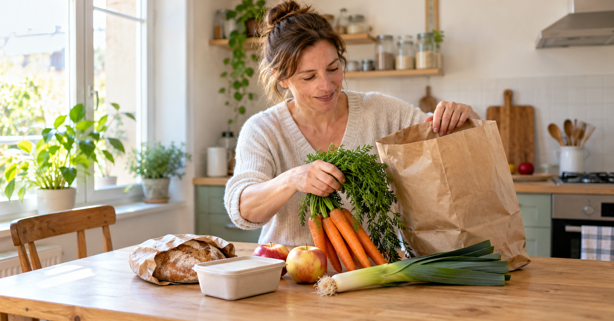 Une femme déballe un panier de courses avec des légumes, des pommes et du pain dans une cuisine lumineuse.