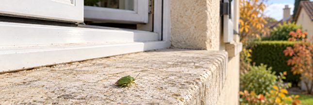 Petite punaise verte sur le rebord extérieur d’une fenêtre, devant un jardin d’automne.