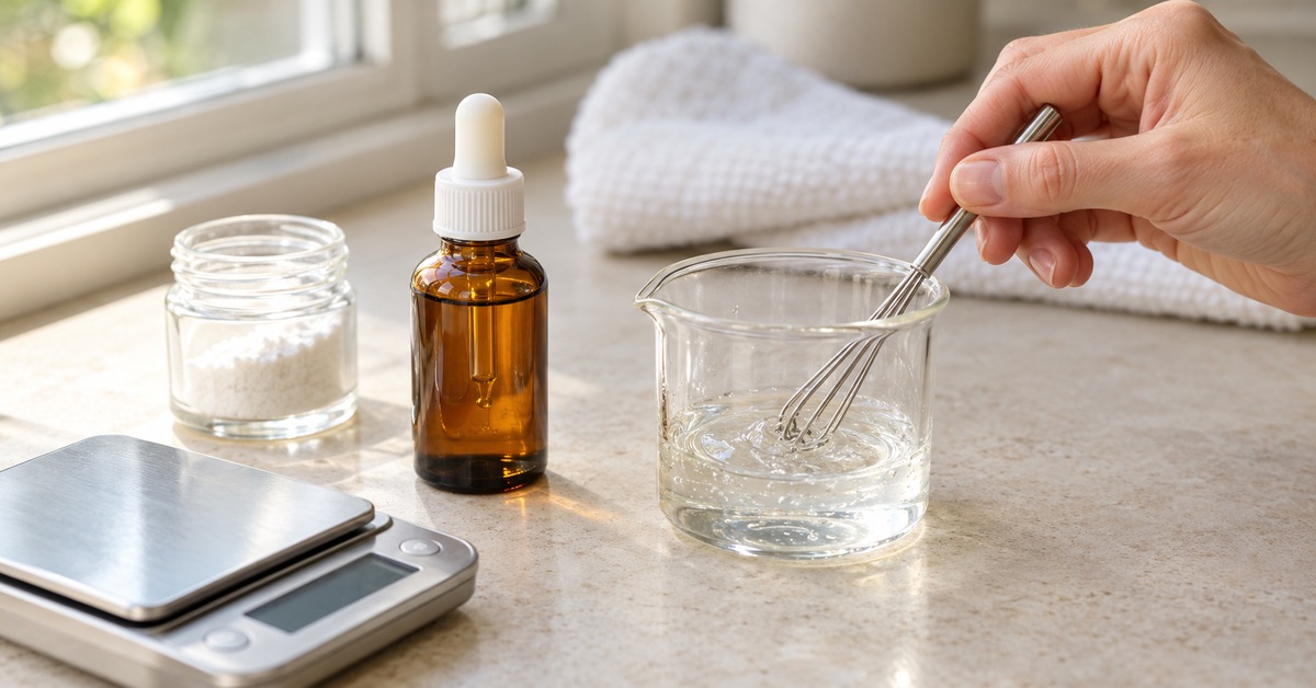 Préparation d'un sérum maison à l'acide hyaluronique avec un mini-fouet, un récipient en verre et un flacon compte-gouttes.