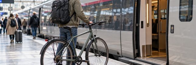 Voyageur avec un vélo de ville classique sur un quai de gare, devant un train.